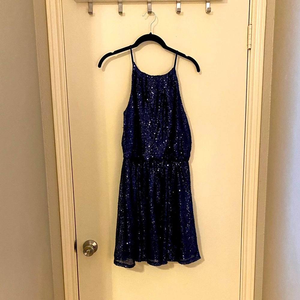 Navy blue sequin halter mini dress